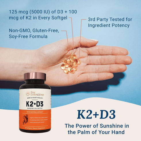 Live Conscious Vitamin K2 MK7 with D3 Supplement - 5000 IU Vitamin D3 & Patented Vitamin K - 60 Softgels for Bone &