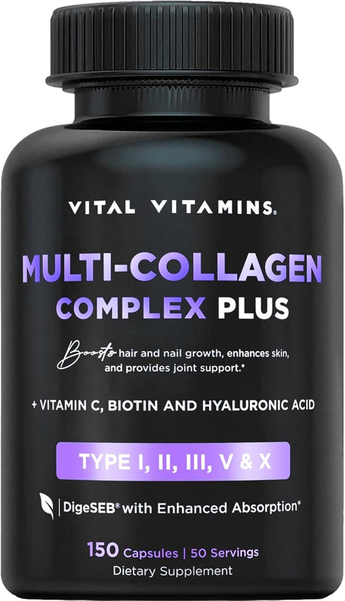 Vital Vitamins Multi Collagen Plus - Biotin, Hyaluronic Acid, Vitamin C for Hair Growth Support - 150 Pills