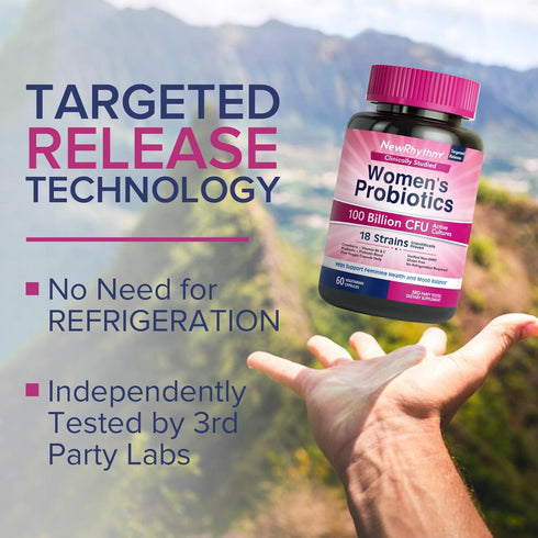 NewRhythm Probiotics for Women with P-5-P, Vitamin C & Organic Cranberry, 100 Billion CFU 18 Strains, 60 Capsules, No