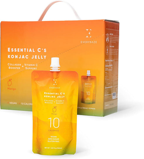 EVERYDAZE Essential C’s Collagen + Vitamin C Konjac Jelly, 10 Packs - Vegan, 10 Calories, 0 Sugar, Mango Flavor,