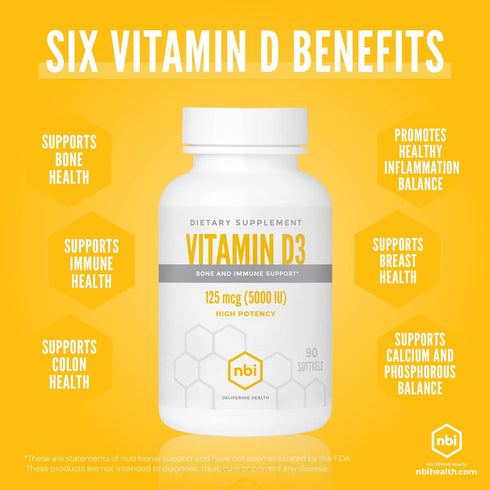NBI High Potency Vitamin D3 125 mcg (5000 IU) Softgels with Rosemary Extract Antioxidants for Bone & Immunity Support