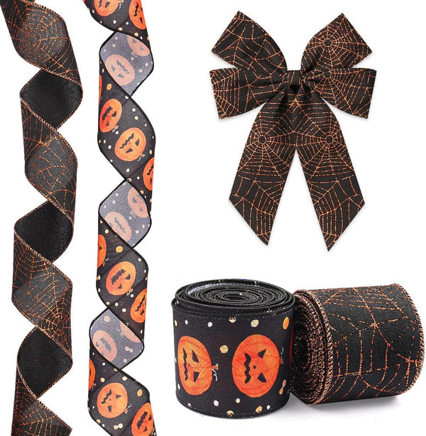 Hying 2 Rolls Halloween Ribbon for Wreaths, Black Orange Pumpkin Ribbons for Gift Wrapping and Party Decoration