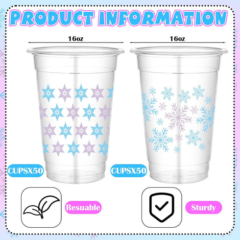 Havawish 100 16 oz Pcs Blue Winter Snowflake Plastic Cups Disposable Clear Cups Coquette Bow Snowflake Theme
