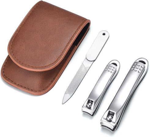 Nail Clipper Set - Stainless Steel Fingernail Clippers, Toenail Cutter, Nail File with PU Sheath for Men Women