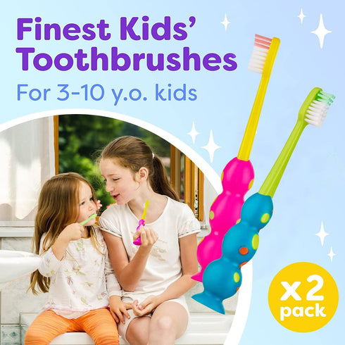 Kids Toothbrush 2 Pack, Soft Contoured Bristles, Child Sized Brush Heads (3-10 Years) - Suction Cup for Easy Storage