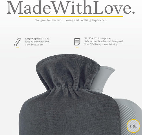 Qomfor 2L Hot Water Bottle - with Soft Premium Fleece Cover - Dark Gray, - Heating Pad for Menstrual Cramps & Period