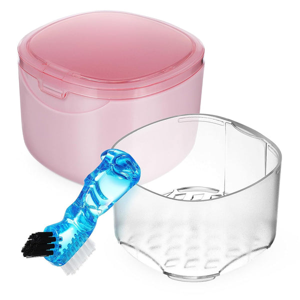 FOMIYES Leak-Proof Bath with Cleaner Brush and Retainer Holder Box, Complete Clean Care for Dentures, Braces (Pink)