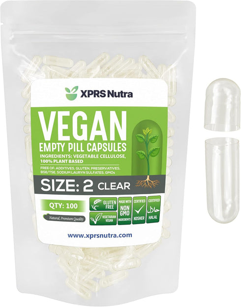 XPRS Nutra Size 2 Clear Empty Vegan Capsules - 100 Vegetarian Pill Capsules for DIY Vegetable Filling