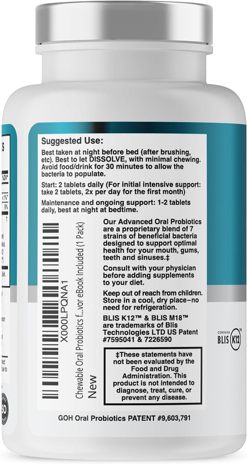 Oral Probiotics for Bad Breath Treatment, Dentist Formulated with BLIS K12 M18, 60 Chewable Tablets