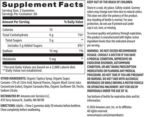 Amazon Basics Melatonin 5mg, 120 Gummies, Strawberry Flavor (Previously Solimo)