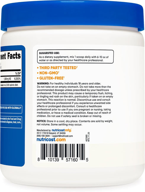 Nutricost Niacin Vitamin B3 Powder, 250 Grams, 1G Per Serving, Vitamin B3 (Niacin) Powder, May Cause Flush