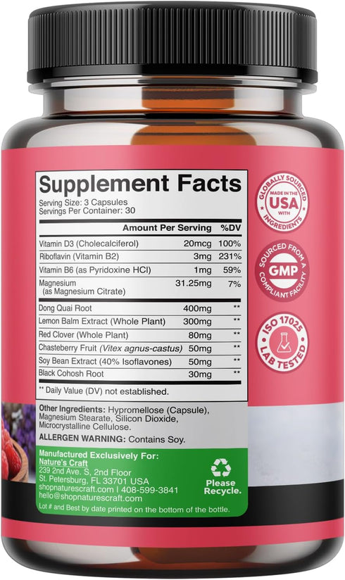 Complete Herbal Menopause Supplement for Women - Hormone Balance, Night Sweats Relief with Dong Quai, Vitex, Black