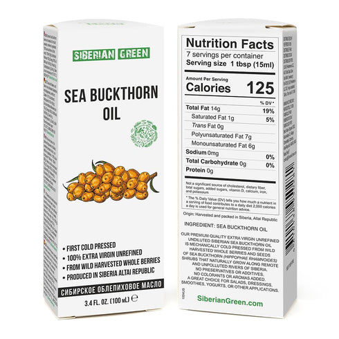 Siberian Sea Buckthorn Oil, 100% Natural Extra Virgin Cold Pressed, 100 ml / 3.4 fl oz, Unrefined Vegan Healthy Diet