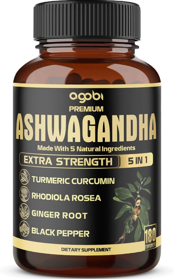 5in1 Premium Ashwagandha Capsules with Turmeric, Rhodiola Rosea, Ginger, Black Pepper - 180 Caps for 6 Months