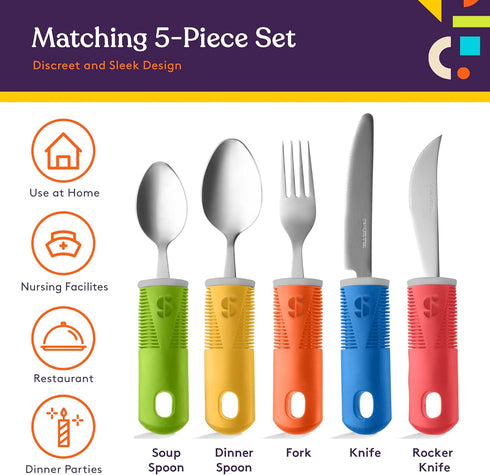 Special Supplies Adaptive Utensils, 5-Piece Kitchen Set with Wide, Non-Slip Handles for Hand Tremors, Arthritis,