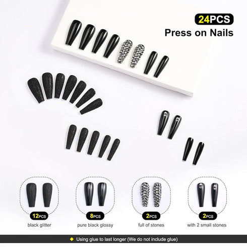 Kikmoya Extra Long Coffin Press on Nails, 24pcs Crystal Luxury Nails with Grey Black Rhinestones, Glossy Tips