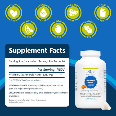 Core Med Science Liposomal Vitamin C 1000mg, 180 Capsules, Non-GMO Natural Supplement for Healthy Skin, Immune System