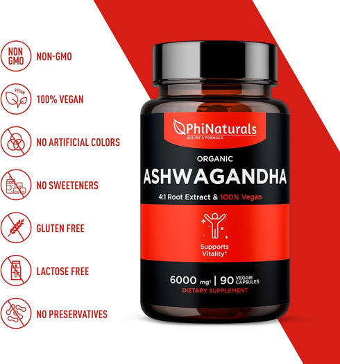 PhiNaturals Organic Ashwagandha Root Extract in Vegan Capsules, 6000 Mg Root Equivalent, 1500 Mg Per Serving, 30