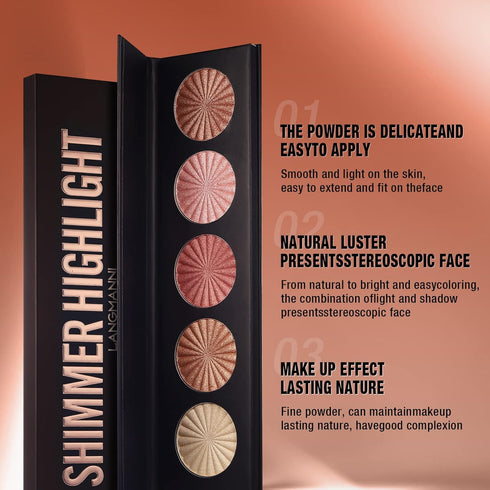 Highlighter Powder Palette, Makeup Palette for Facial Bronzers Illuminator, Waterproof Long Lasting (5 Color, 1 Count)