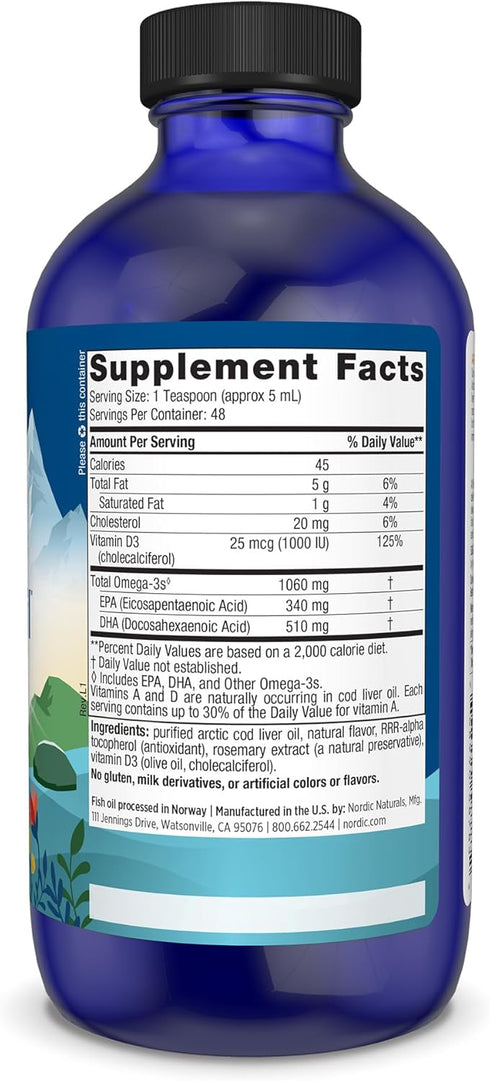 Nordic Naturals Arctic-D Cod Liver Oil, Lemon, 8 oz, 1060 mg Total Omega-3s + 1000 IU Vitamin D3, 48 Servings