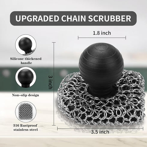 Cast Iron Scrubber with Pan Scraper, Upgraded Chainmail Sponge, Cast Iron Cleaner for Grill Pan, Black