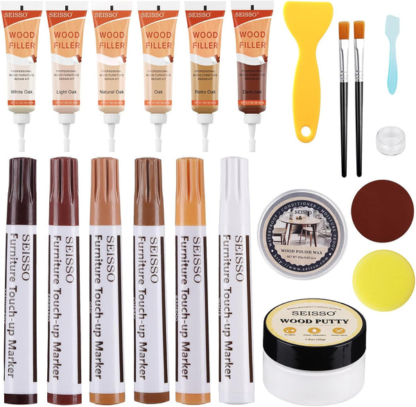 SEISSO Wood Furniture Repair Kit for Hardwood Floors, Touch Up Markers, Wood Fillers, Putty for Holes, Scratches, Cracks