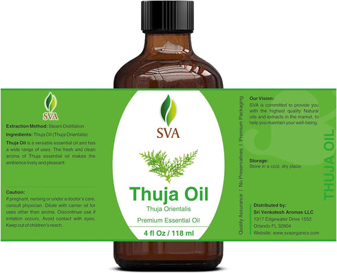 SVA Thuja Essential Oil – 4 Fl Oz, 100% Natural for Diffuser, Hair Care, Skin Care, Aromatherapy, with Dropper
