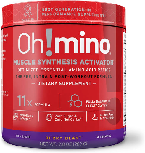 Oh!mino Amino Acid Energy Blend - Pre-Post Workout Powder, BCAA Amino Acids, 280 g, 40 Servings, Caffeinated Berry Blast