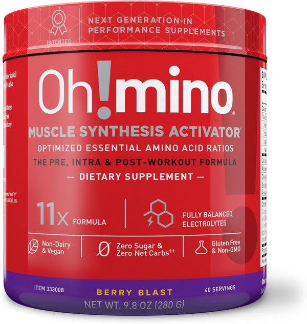 Oh!mino Amino Acid Energy Blend - Pre-Post Workout Powder, BCAA Amino Acids, 280 g, 40 Servings, Caffeinated Berry Blast