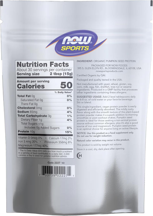 NOW Sports Nutrition, Organic Pumpkin Seed Protein Powder With 10g of Protein, Certified Non-GMO, Unflavored, 1-Pound