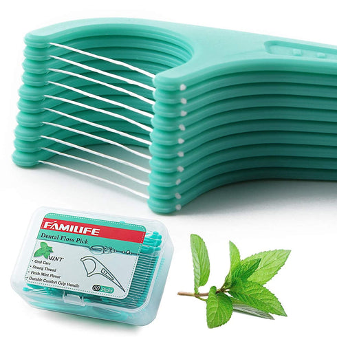 FAMILIFE 240 Count Mint Floss Picks, Dental Floss Cleaner with 4 Travel Cases, Helps Fight Tooth Decay