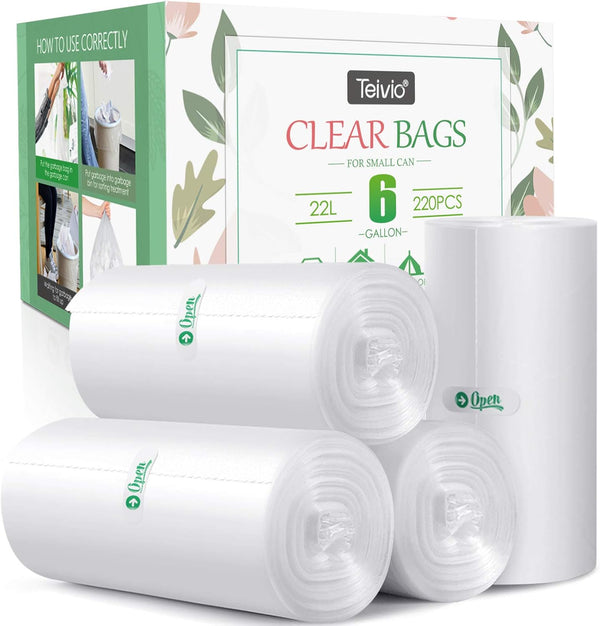 6 Gallon Strong Trash Bags, 220 Counts, Clear Garbage Bags by Teivio for Home Office Kitchen