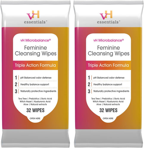 vH essentials Feminine Cleansing Wipes - pH Balanced, Prebiotics, Tea Tree &