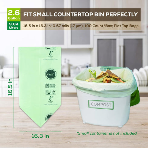 ANECO 100% Compostable Trash Bags, 2.6 Gallon, Extra Thick Kitchen Small Compost Bags, 100 Count
