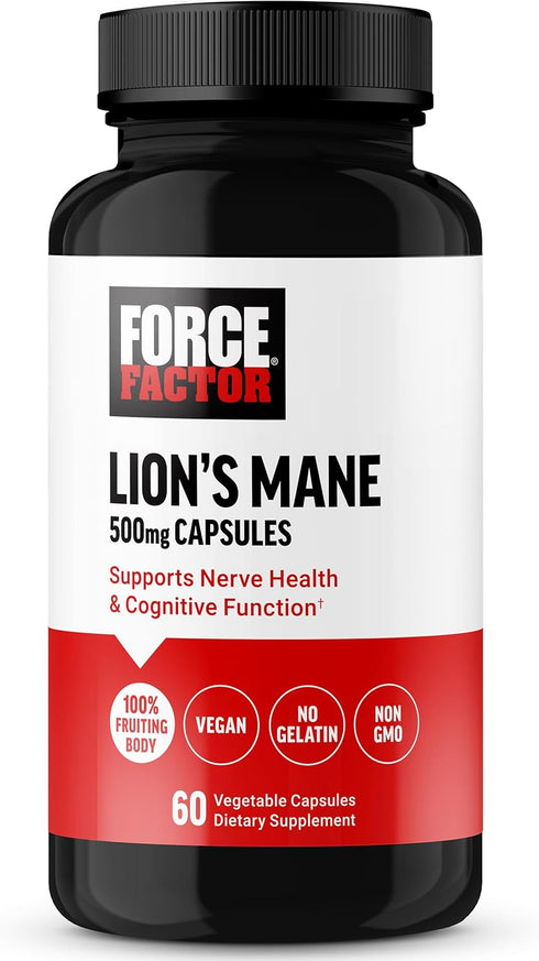 Force Factor Lion’s Mane Supplement Capsules, 60 Vegan Vegetable Capsules for Memory & Focus, Supports Nerve Health