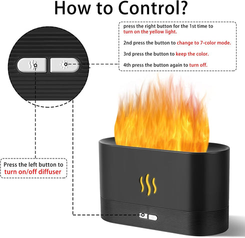 Flame Diffuser Humidifier with Fire Flame Effect, 180ml Aroma Humidifier, Auto Off, 2 Modes, Black for Home, Office,