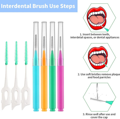 Interdental Brush Set, 100Pcs Soft Braces Brushes, 40Pcs Tooth Flossing Heads, 60pcs Disposable Flossers