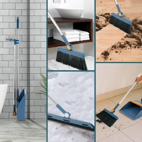 3Pcs Floor Sweeping Set - Broom and Dustpan Combo for Home, 180° Rotating Indoor Broom, Foldable Dustpan (Blue)