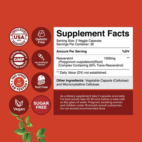 Youthful Trans Resveratrol Supplement - Natural Joint Support Supplement - Optimized Resveratrol Capsules with AMPK Activator Brain Booster Immune Support and Heart Health Supplement