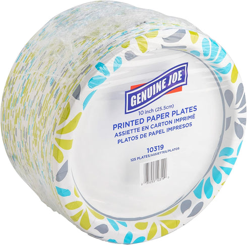 Genuine Joe Printed Paper Plates, 10" Diameter, Pack of 125