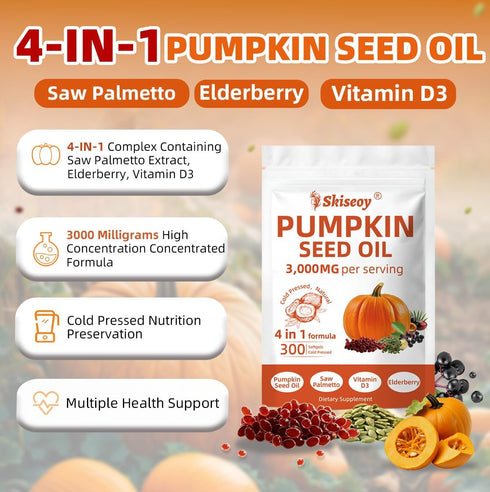 Skiseoy 300 4 1 D3 3000mg Immune Pumpkin Seed Oil with Saw Palmetto, Softgels | in Vitamin & Elderberry, Cold Pressed