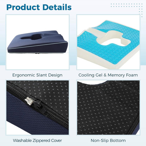 Gel Wheelchair Seat Cushion with Memory Foam, Cooling Support Cushion for Long Sitting or Lying, Coccyx Cutout Pillow