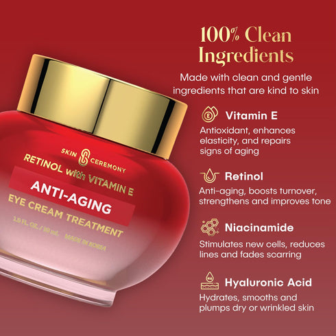Retinol and Vitamin E Anti Aging Eye Cream, Reduces Puffiness, Fine Lines, 1.0 FL.OZ. Skin Care Made in Korea