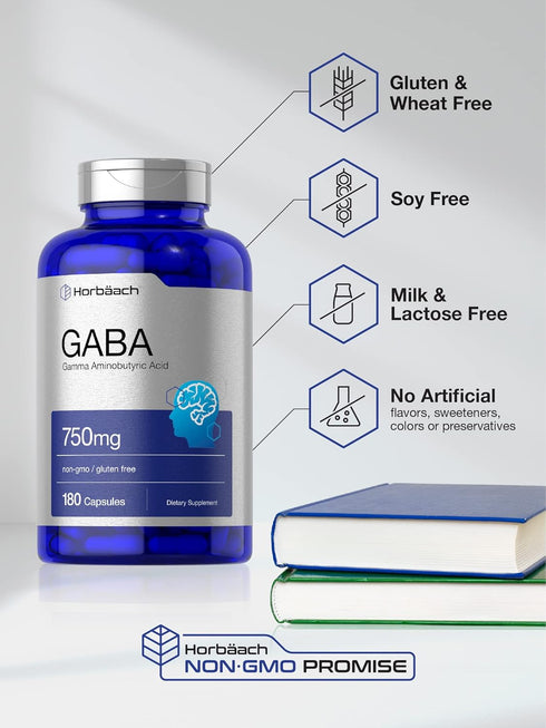 Horbaach GABA 750mg, 180 Capsules, Non-GMO, Gluten Free, Gamma Aminobutyric Acid Supplement