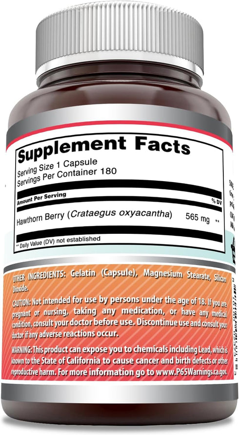 Amazing Formulas Hawthorn Berries Supplement, 565 Mg, 180 Capsules, Non-GMO, Gluten-Free, Made in USA