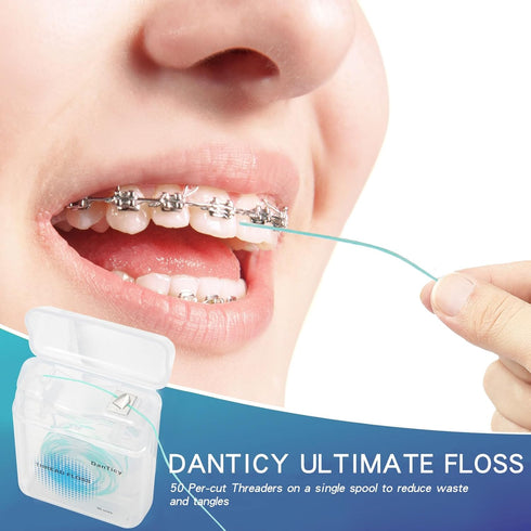 840D Fluffy Floss Threaders, Deep Clean Dental Floss for Braces, Bridges, Implants, Mint Aroma, 50 Threaders (1 Pack)