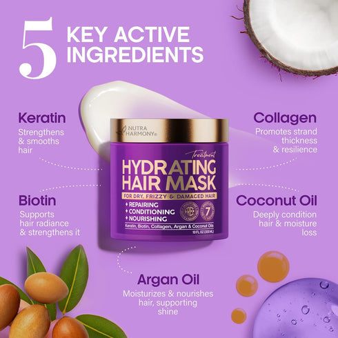 Hydrating Hair Mask for Damaged Hair, 10 FL OZ, Keratin Hair Mask with Biotin, Argan & Coconut Oil, Sulfate Free