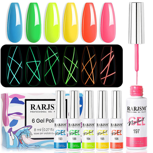 RARJSM Gel Nail Art Polish - Glow In The Dark Gel Liner Art Set, Luminous Painting Gel Polish for Nail Art, Bright