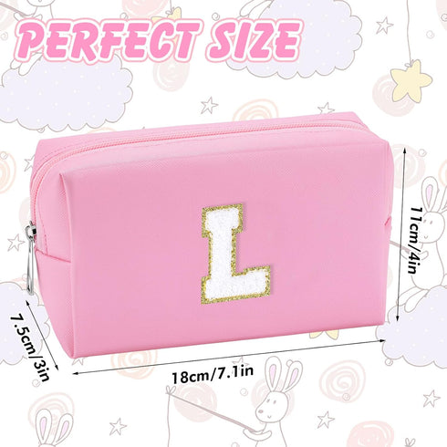 Initial Makeup Bag for Women, Travel Small PU Leather Cosmetic Bag, Cute Pink Personalized Preppy Chenille Pouch