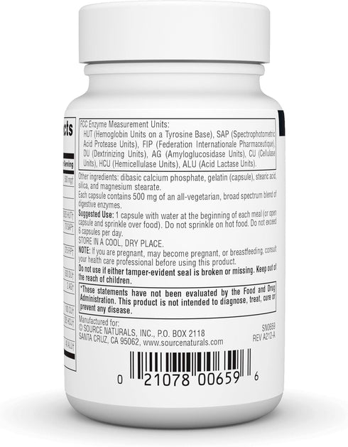 Source Naturals Essential Enzymes 500mg - 60 Capsules Bio-Aligned Multiple Enzyme Supplement for Digestion